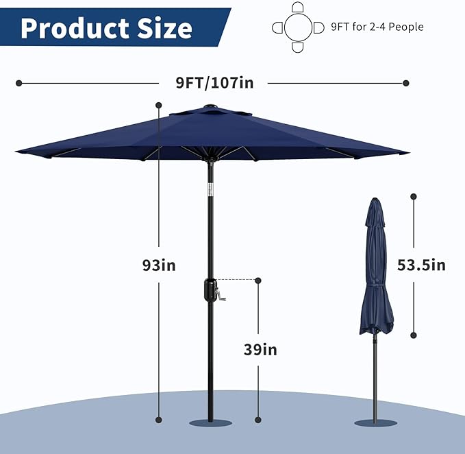 Garvee 9/10 FT Solar Patio Umbrella with 32 LED Lights - Outdoor Table Umbrella with Crank Lift, Push Button Tilt and 8 Sturdy Ribs - Market Umbrella UV Protection for Pool, Deck, Yard, Garden