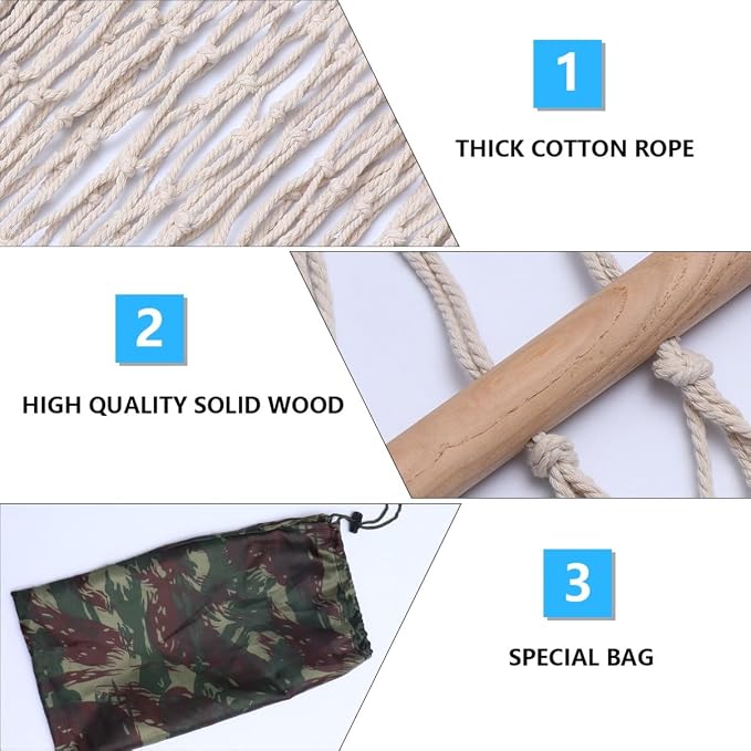 1pc Reticulated Cotton Rope Hammock Swing Chair with Wooden Stick Outdoor Leisure Bed for Camping Hiking Traveling Stylish and Hanging Chair