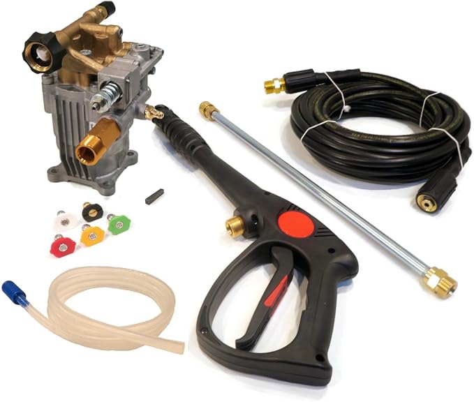 The ROP Shop 3000 PSI Horizontal Brass Head Power Pressure Washer Water Pump, 2.5 GPM, 3/4" Shaft with Keyway, Chemical Hose & Complete Spray Kit