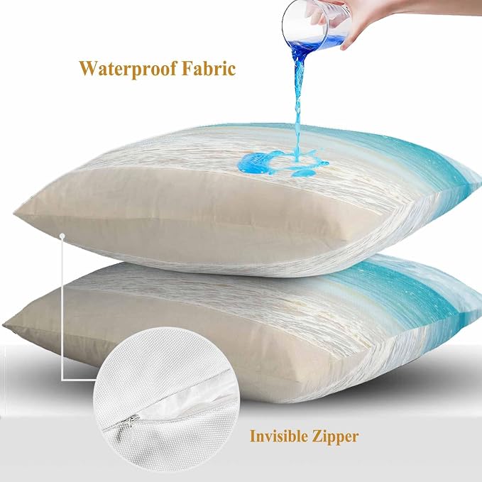 Yukro Coastal Ocean Outdoor Waterproof Pillow Covers Pack of 2, Ocean Waves Beach Sea Shore Throw Pillowcases Decorative Cushion Covers for Garden Patio Tent Sofa Couch, 26x26 inch