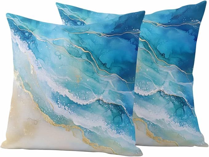 Abstract Waves Outdoor Waterproof Throw Pillow Covers Set of 2, 20"x20", Surrealism Spray Beach Ocean Watercolor Decorative Pillow Covers Outside Cushion Case for Patio Porch Garden