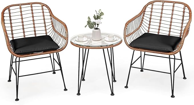 COSTWAY 3 Pieces Patio Bistro Set, Outdoor Rattan Conversation Seating Chair Set with Coffee Table & Soft Cushions, Indoor Wicker Furniture Set for Garden, Balcony, Porch, Pool, Black