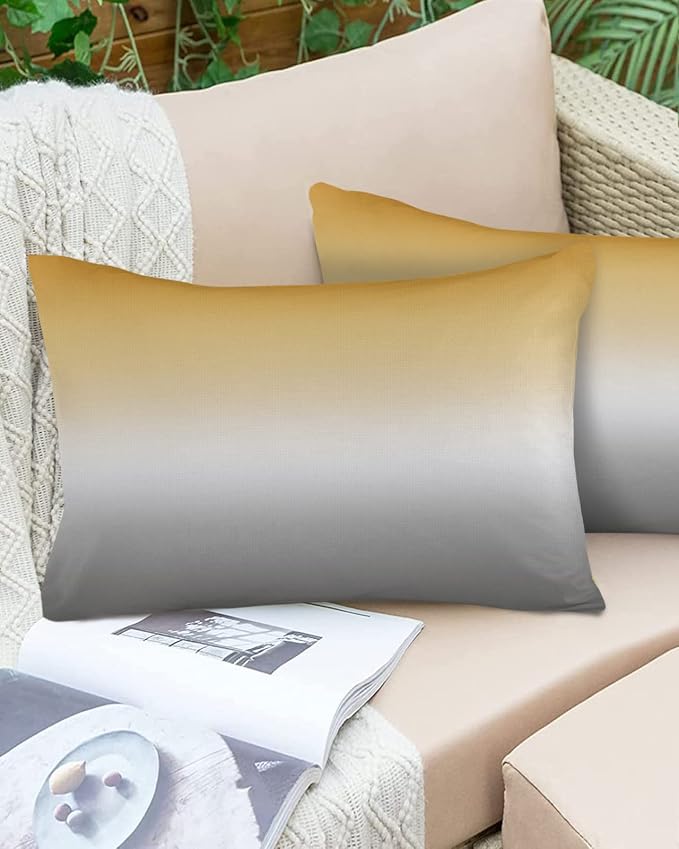 Outdoor Waterproof Throw Pillow Covers Set of 2 Yellow and Grey Ombre Lumbar Pillowcases 20x12 Inches Gradient Color Patio Decorative Pillows Cushion Case Patio Pillows for Couch Bed Chair Garden