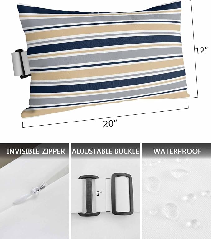 Pack of 2 Outdoor Lumbar Pillow Covers 12x20 Inch, Khaki Grey Striped Waterproof Throw Pillow Covers Set, Navy Blue Farmhouse Stripes Abstract Art Outside Decorative Cushion Cases for Patio Porch Car