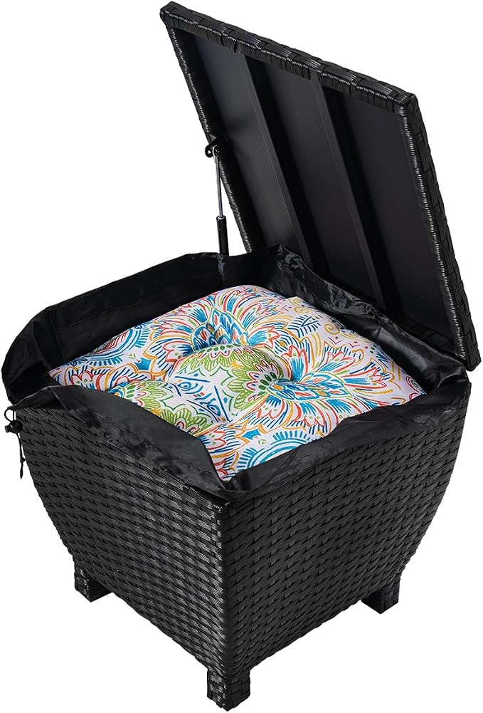 Outdoor Wicker Storage Box with Cover, 13 Gallon PE Rattan Deck Box for Outside with Waterproof Liner, Patio Storage Chest with Hinged Lid for Cushions, Pillows, Towels, Horizontal Bin, Black