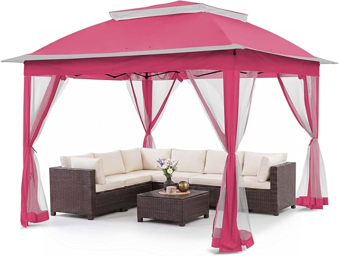 COOS BAY 11x11 Pop Up Gazebo with Mesh Netting, Instant Outdoor Canopy Tent, Water Resistant Shelter with UPF 50+ UV Protection, 121 Sq Ft Coverage, Dark Pink