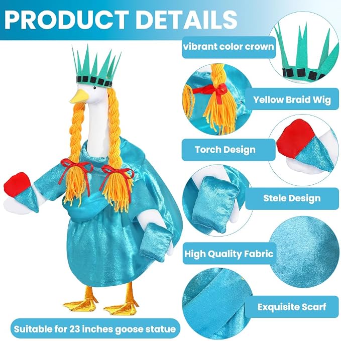 Celltestria 4th of July Goose Outfits Statue of Liberty Porch Goose Costume Independence Day Patriotic Goose Clothes for 23" Geese Outdoor Patio Yard Lawn Garden Decoration