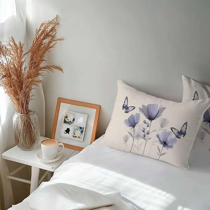 Purple Flowers Waterproof Outdoor Pillow Covers Set of 2 Home Decor, Spring Farmhouse Retro Tulip Butterfly Pillowcase Patio Pillow Covers for Couch Bench Furniture Garden 20x12in