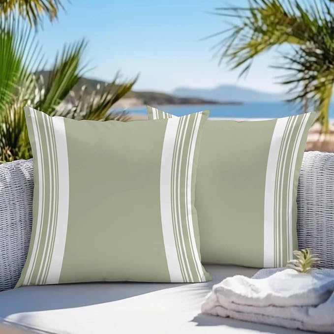 Farmhouse Sage Green Outdoor Waterproof Throw Pillow Covers 20x20 Set of 2, Aesthetic Modern Line Striped Decorative Pillowcases Cushion Pillowcase for Couch Sofa Patio Outside Pillow Protector