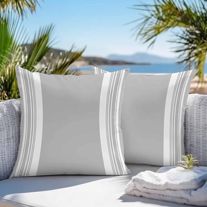 Farmhouse Grey Outdoor Waterproof Throw Pillow Covers 24x24 Set of 2, Aesthetic Modern Line Striped Decorative Pillowcases Cushion Pillowcase for Couch Sofa Patio Outside Pillow Protector
