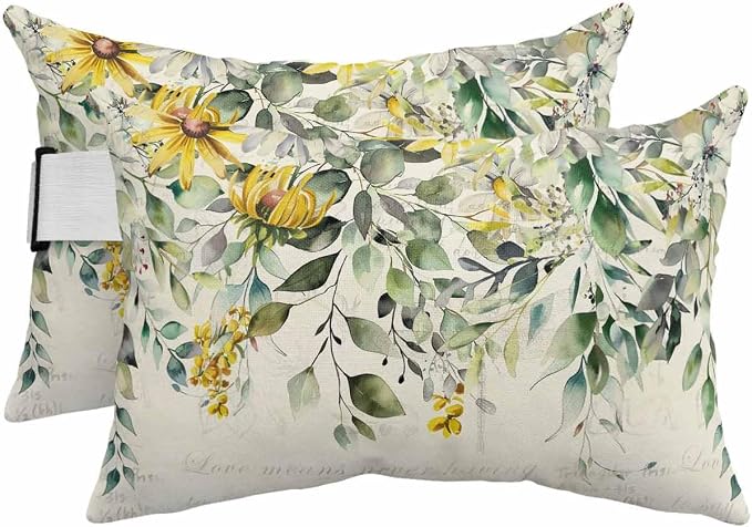 Lumbar Pillow Covers Set of 2, Yellow White Daisy Waterproof Outdoor Chaise Lounge Pillow Covers with Elastic Strap, Eucalyptus Leaves Spring Botanical Vintage Headrest Pillowcase for Patio, 11 x 16