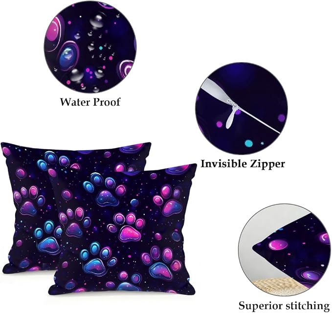18x18 Inch Outdoor Pillow Covers Set of 2 Waterproof Throw Pillow Covers Decorative Couch Cushion Covers Neon Glowing Cat Paw Square Pillowcases Protectors for Patio Garden Sofa