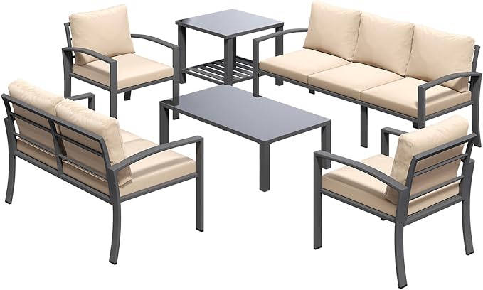 U-MAX Aluminum Patio Furniture Set 7 Seats, Modern Outdoor Furniture Clearance with Coffee Table & Side Table, Metal Patio Conversation Sets with Deep Cushions for Lawn, Garden, Porch, Beige