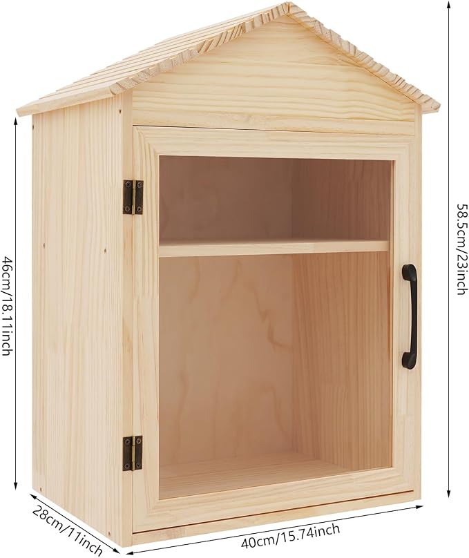 Outdoor Library Box, 15.74x11x23inch Wood Literature Exchange Box DIY Little Wood Cabinet with Shelf for Outside Neighborhoods Community and Schools Sharing Books Literature (Gable Roof)