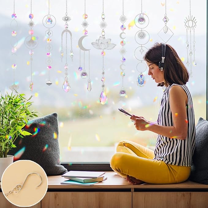 Sun Catchers, 10 Pcs Crystal Suncatcher Prism Hanging Kit for Indoor Window | Rainbow Maker Crystals Balls Pendants Ornaments for Home Outdoor Garden Backyard Patio Car Mirror Christmas Tree Decor