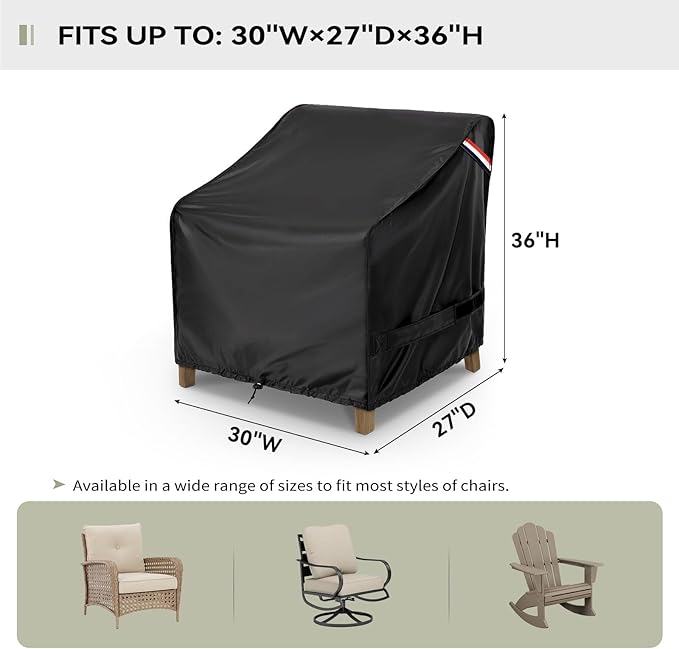 KylinLucky 2-Pack Patio Chair Covers 30"x27"x36", Waterproof Outdoor Dining Chair Covers with Security Straps & Air Vents, All-Weather Black