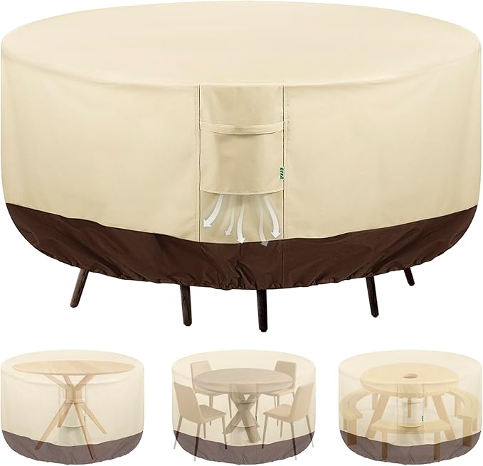 Round Patio Furniture Covers, 110" DIA x 28 H Waterproof Outdoor Furniture Cover for Patio Table & Chair Sets, 600D Heavy-duty UV-Resistant Fade-Proof Protection, Beige & Brown