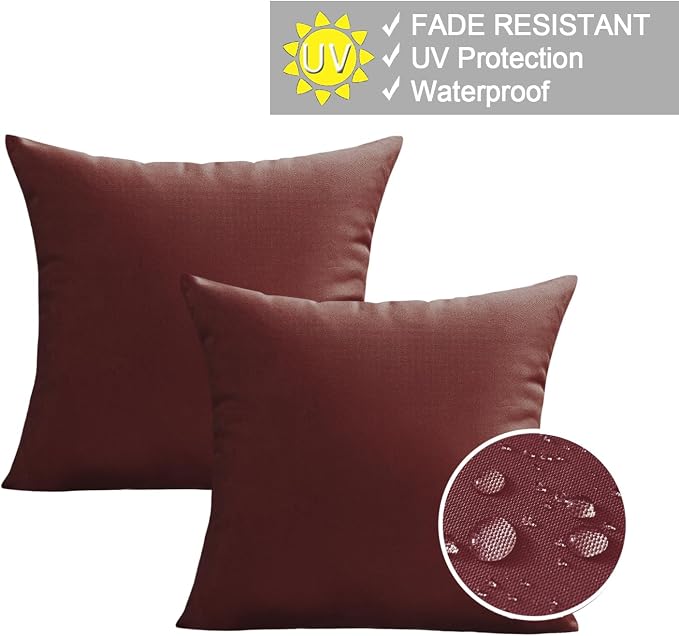 VAKADO Outdoor Waterproof Throw Pillow Covers 20X20 Set of 2 Decorative WineRed Patio Furniture Cushion Cases Outside Decor for Couch Garden Bench Porch
