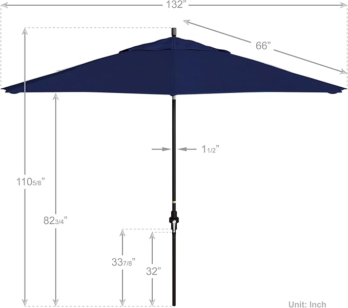 California Umbrella 11Ft Premium Sunbrella Patio Umbrella, Hand-Crank, Tilt-Collar, Bronze Frame, True Blue Fabric