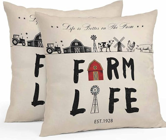 Outdoor Throw Pillows Covers 18x18 inch Set of 2 Waterproof Farm Life Decorative Zippered Cushion Covers for Patio Furniture, Retro Farmhouse Red Barn Windmill Cow Chicken Tractors Lumbar Pillowcases