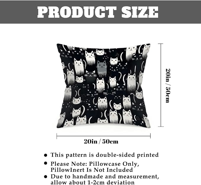 20x20 Inch Outdoor Pillow Covers Set of 2 Waterproof Throw Pillow Covers Decorative Couch Cushion Covers Cats Black White Square Pillowcases Protectors for Patio Garden Sofa