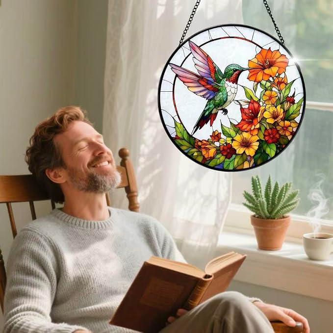 Stained Glass Window Hanging - Hummingbirds are Collecting Nectar 7.8 Inches Suncatcher for Garden Home Decor for Women Mon Grandma Friends