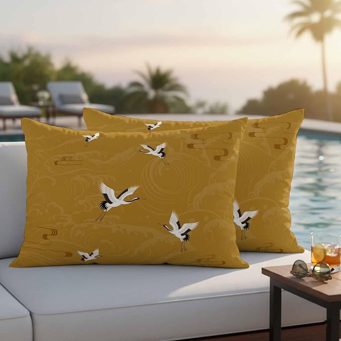 Japanese Style Outdoor Pillow Covers 20x12 Inch Lumbar Pillow Covers Set of 2 Waterproof Decorative Throw Pillow Cases Vintage Art Cranes Ocean Wave Yellow Cushion Covers for Patio Furniture Garden