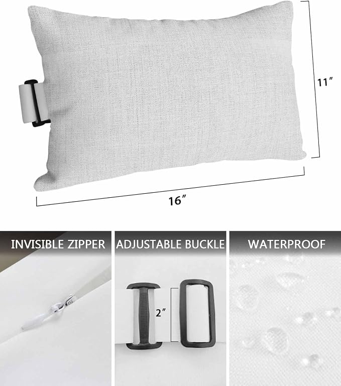 Pack of 2 Outdoor Lumbar Pillow Covers 11x16 Inch, White Burlap Texture Waterproof Throw Pillow Covers Set, Farmhouse Vintage White Indoor&Outdoor Decorative Cushion Cases for Patio Porch Beach