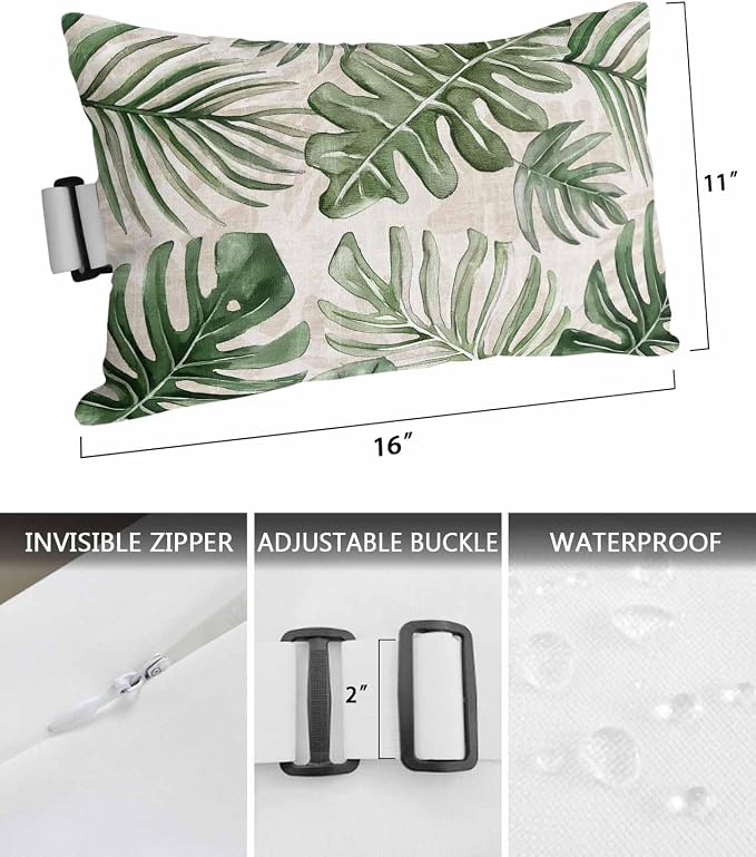 Pack of 4 Outdoor Lumbar Pillow Covers 11x16 Inch, Green Monstera Deliciosa Waterproof Throw Pillow Covers Set, Summer Botanical Tropical Vintage Decorative Cushion Cases for Patio Porch Car