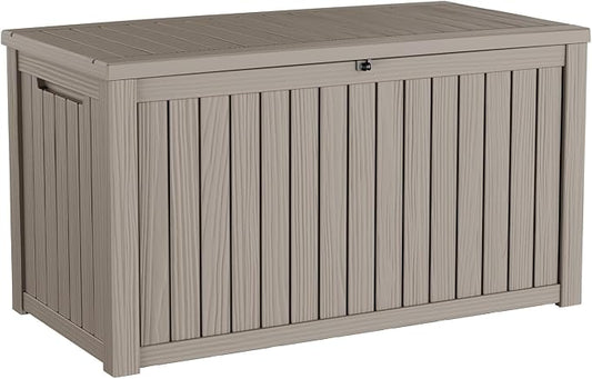 AmaVins Outdoor Storage Box, 180 Gallon Deck Box Indoor and Outdoor Use, Waterproof Resin Storage Bin for Package Delivery, Patio Cushions, Gardening Tools, Lockable, UV Resistant, Light Coffee