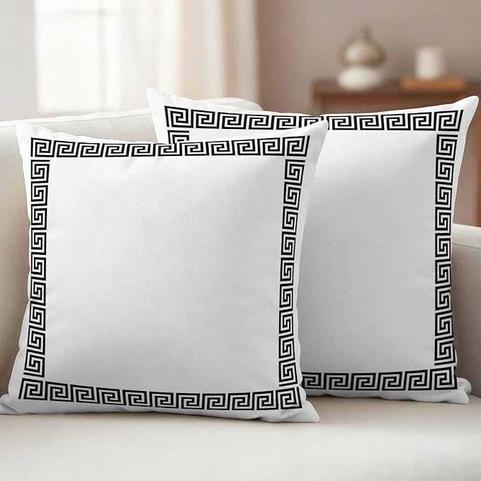 Outdoor Pillow Covers Set of 2, Abstract Inspired Greek Key Pattern Decorative Throw Pillow Covers 16X16IN, Geometric Twist Line on White Throw Pillows Protector Cushion Case for Patio,Couch,Sofa