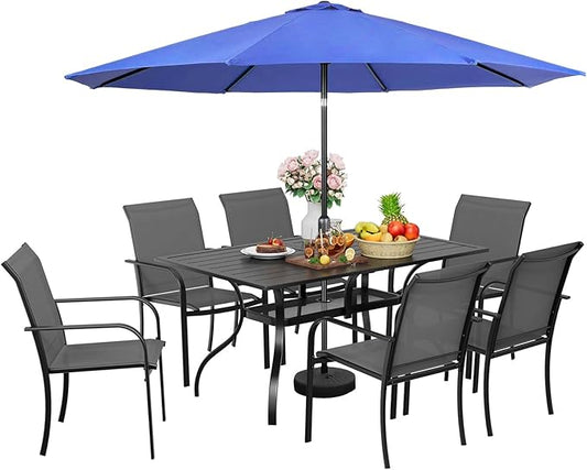 SUNCROWN 8 Pieces Outdoor Dining Set, Patio Furniture Set with 6 Textilene Dinning Chairs, 1 Rectangle Metal Table and 1 Dark Blue 9Ft Patio Umbrella for Garden Backyard Lawn Deck, Grey