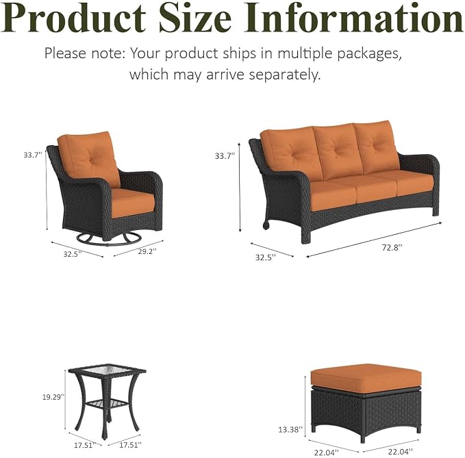 LayinSun 5 Piece Wicker Outdoor Furniture Set with 6-inch Comfy Cushions, High Back Patio Furniture Set with Swivel Rocking Chairs and Fire Pit Table