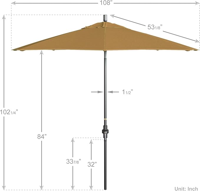 California Umbrella 9' Rd. Crank Lift, Collar Tilt, Aluminum Pole, Fiberglass Rib Patio Umbrella, Hammertone Grey Finish, Sunbrella Wheat