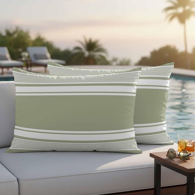 Outdoor Waterproof Throw Pillow Covers, Sage Green Striped Decorative Pillow Cases, Modern Color Block Farmhouse Stripes Couch Pillow Protector Patio Sofa Cushion Covers Replacement 20"x12" 2 Pack
