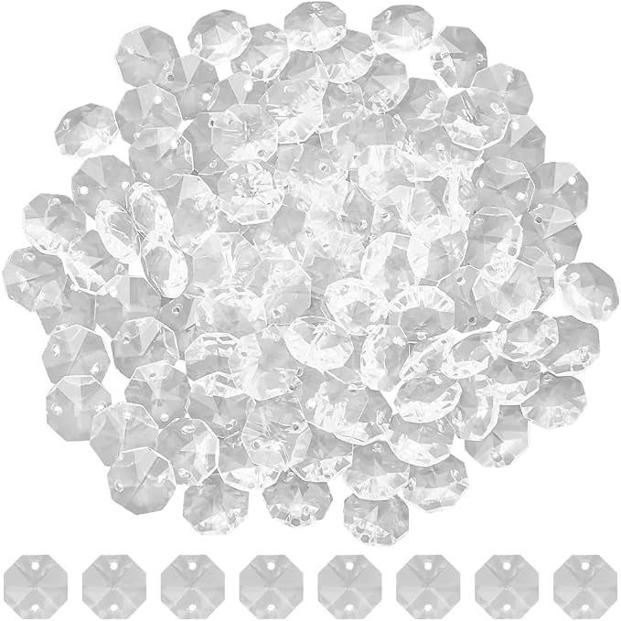 1 Box 120Pcs Glass Octagon Beads Bulk Prism Crystal Bead 14mm 2 Hole Crystal Chandelier Replacement Parts Links Sun Catcher Faceted Beads for DIY Lamp Hanging Pendant Jewelry Suncatcher Craft