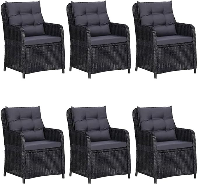 Afuera Living 7-Piece Contemporary Patio Dining Set, Black and Dark Gray Finish, Powder-Coated Steel and Poly Rattan, Rectangular Table with Cushioned Chairs, Weather-Resistant Outdoor Garden
