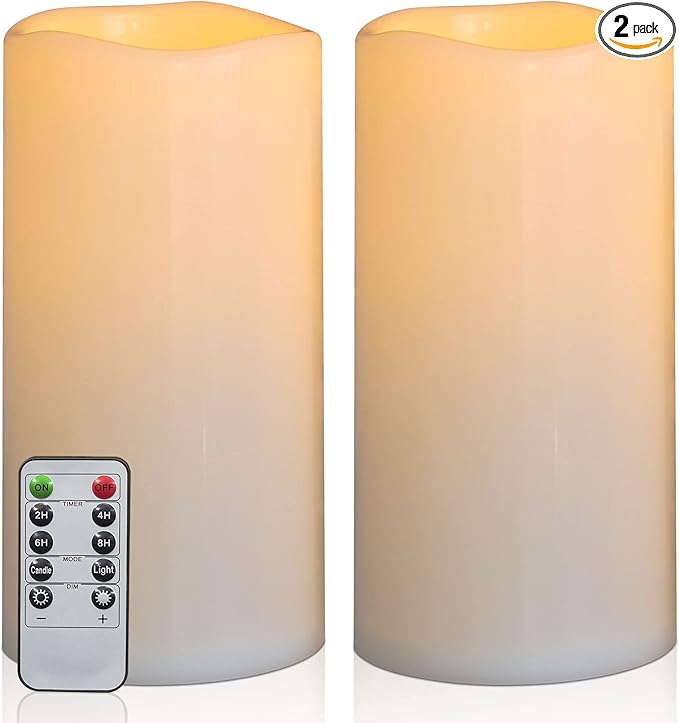 10" x 5" Waterproof Outdoor Flameless Candles Battery Operated LED Flickering Pillar Candles with Remote and Timer for Indoor Outdoor Lanterns, Long Lasting, Ivory White Large, Set of 2