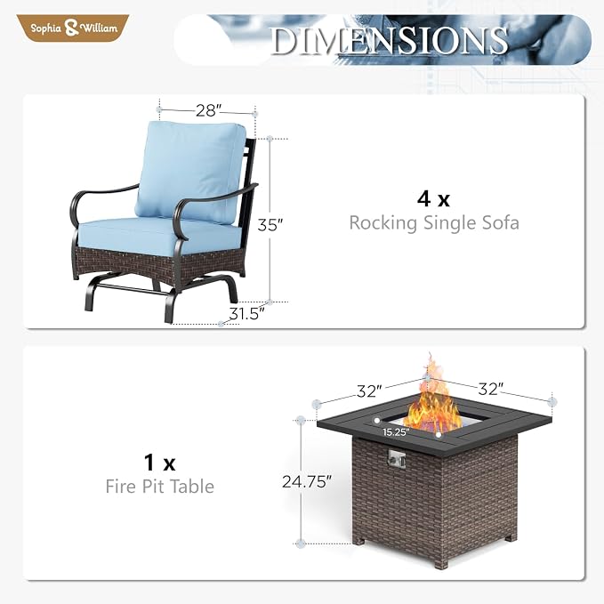 Sophia & William Patio Furniture Set with Fire Pit Table, 5 PCS Metal Outdoor Conversation Set Sofa Couch with Fire Pit Table, 4 Sofa Chairs for Outdoor Seating,Backyard,Porch(Blue)