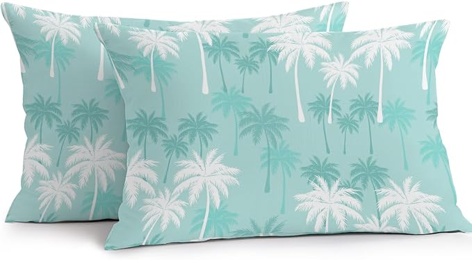Lumbar Pillow Covers 20x12 Inch Set of 2, Tropical Palm Tree Waterproof Outdoor Pillow Covers, Turquoise White Plants Coastal Leaf Beach Decorative Cushion Pillowcases for Patio, Garden, Couch, Sofa