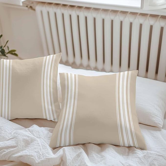 Outdoor Pillow Covers 18x18 Set of 2 Khaki Stripes Outdoor Pillows Waterproof Throw Pillow Covers French Stripe Farmhouse Style Pillowcases Decorative Case for Patio Cushion