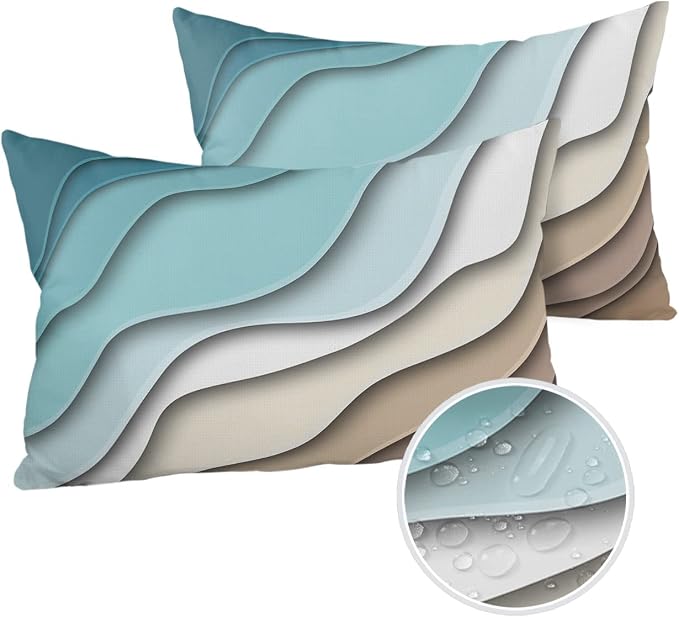 Ombre Abstract Geometry Gradient Teal to Brown Outdoor Waterproof Throw Pillow Covers 20 x 12 Inch Set of 2, Pillowcases Decorative Square Cushion Cases for Patio Furniture Couch Porch Garden