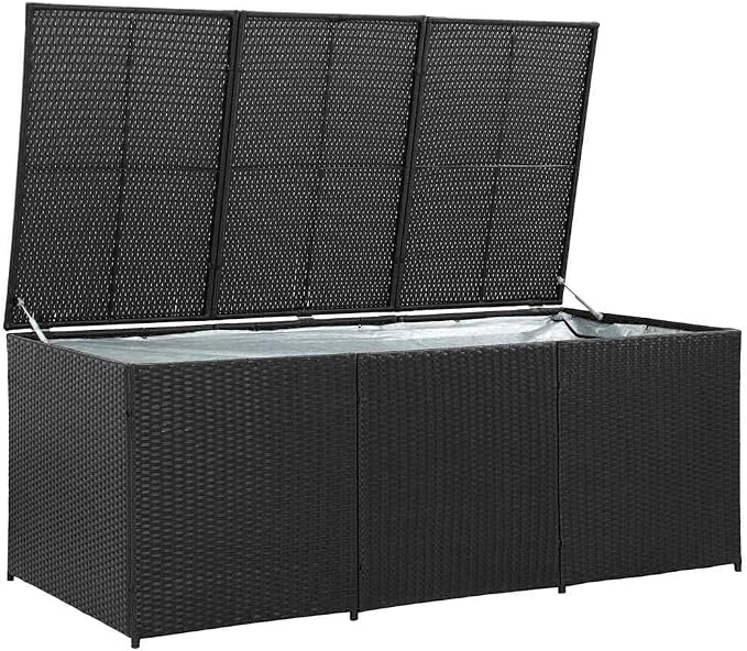 Large Outdoor Garden Storage Box, Weather-Resistant Poly Rattan Deck Bin with Gas Lift Lid, Rectangular Container for Patio Cushion, Garden Tools, Black