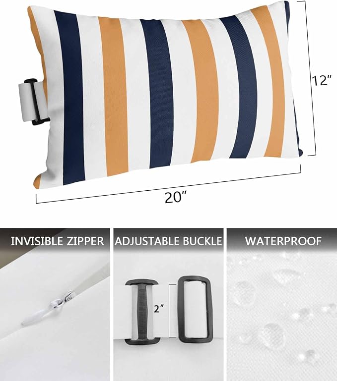 Pack of 4 Outdoor Lumbar Pillow Covers 12x20 Inch, Burnt Orange Navy Blue Striped Waterproof Throw Pillow Covers Set, Farmhouse Stripe Art Indoor&Outdoor Decorative Cushion Cases for Patio Porch Beach