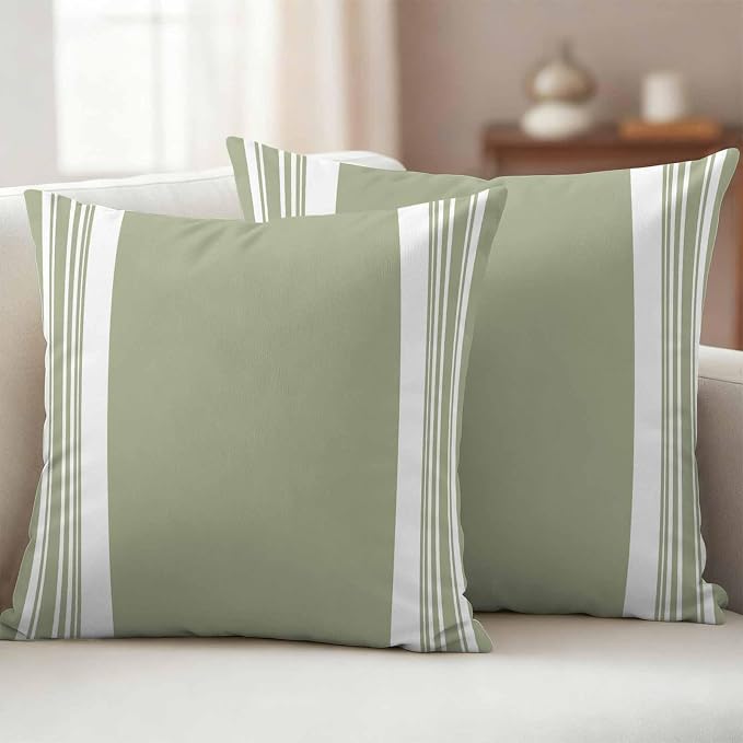 Farmhouse Sage Green Outdoor Waterproof Throw Pillow Covers 20x20 Set of 2, Aesthetic Modern Line Striped Decorative Pillowcases Cushion Pillowcase for Couch Sofa Patio Outside Pillow Protector