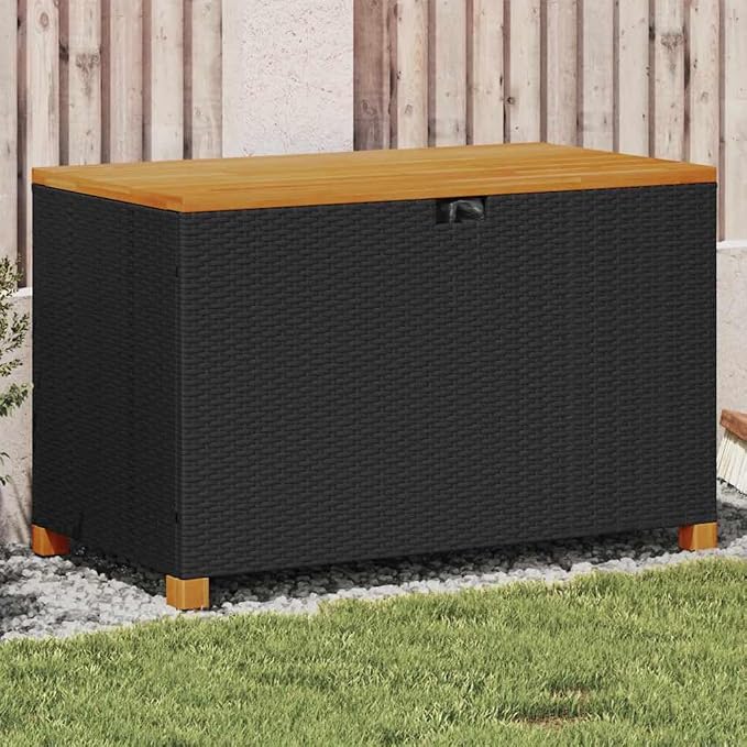 Outdoor Storage Box with Acacia Wood Frame and Poly Rattan Design 21.7 x 43.3 x 24.8 Inches Weather Resistant for Garden Patio and Balcony