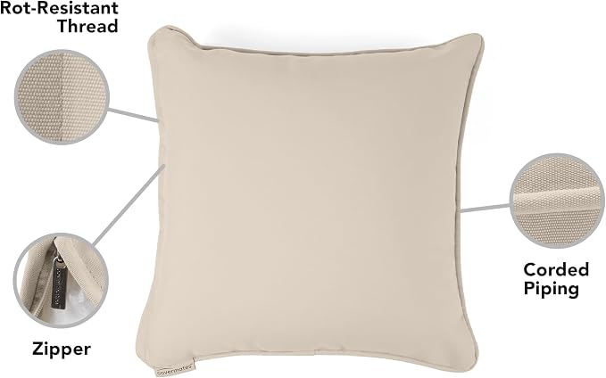 Covermates LuxeGuard Outdoor Throw Pillow, 18"x18", Sand | 500D LuxeGuard polyester, full-length zipper, corded piping, cover and insert included, washable, 2-year warranty
