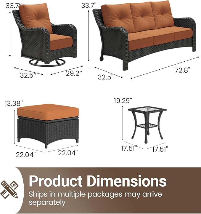 6 Pieces Outdoor Furniture Set with 6-inch Cushions, High Back Wicker Swivel Rocker Chairs with Coffee Table, Luxury Conversation Set for Deck Patio and Poolside