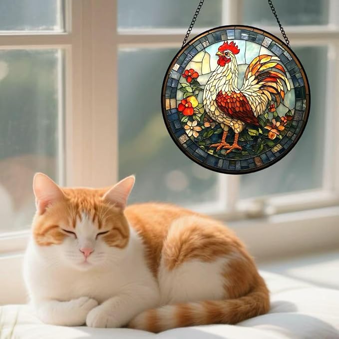 Stained Glass Window Hanging - The Golden Rooster Stared Ahead 6.3 Inches Suncatcher for Garden Home Decor for Women Mon Grandma Friends
