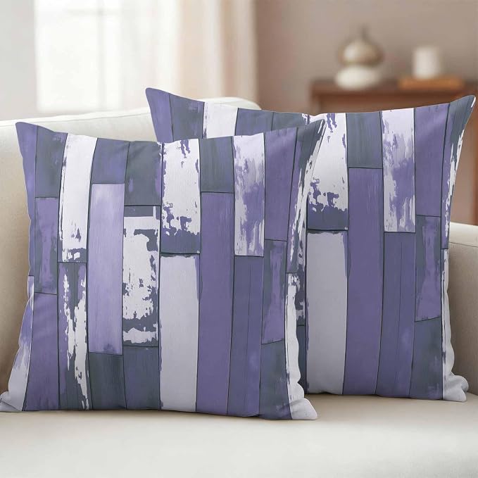 Purple Gray Outdoor Pillow Covers 18x18 Inch Throw Pillow Covers Set of 2 Waterproof Decorative Pillow Cases Vintage Farmhouse Ombre Wooden Grain Cushion Covers for Patio Furniture Garden Couch Sofa